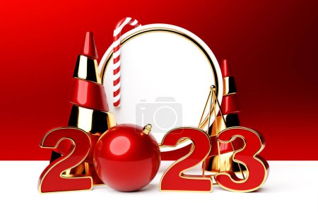 Foto de 3d illustration of cartoon happy new year 2023 greeting card: new year banner with decor and  gifts, - Imagen libre de derechos