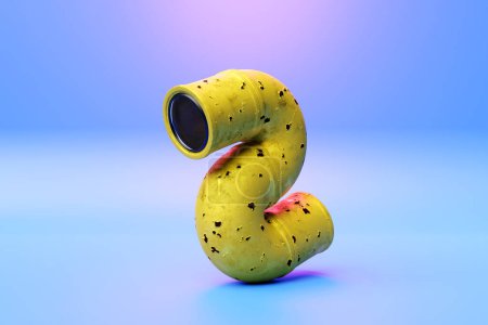 Téléchargez les photos : Close-up of a yellow  bent rusty pipe with peeling paint on a blue background. 3D illustration - en image libre de droit