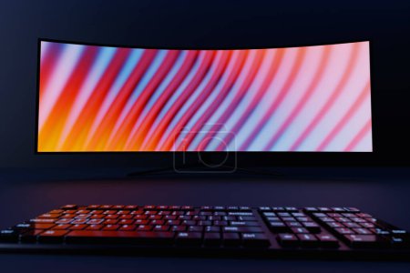 Foto de 3d illustration, Powerful personal computer gamer with monitor. Cozy desktop for gamer, monitor with rgb keyboard with pink neon backlight. - Imagen libre de derechos