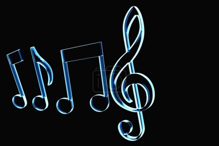 Foto de Realistic blue neon  treble clef and   musical notes on a  black  background. 3d golden musical symbol - decoration elements for design. - Imagen libre de derechos