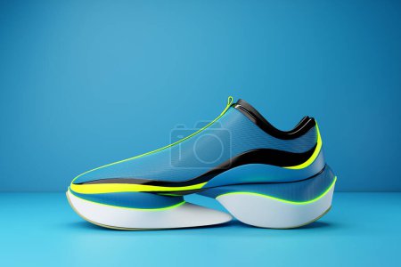 Foto de Bright sports  blue unisex sneakers in white and blue    canvas with high  soles. 3d illustration - Imagen libre de derechos