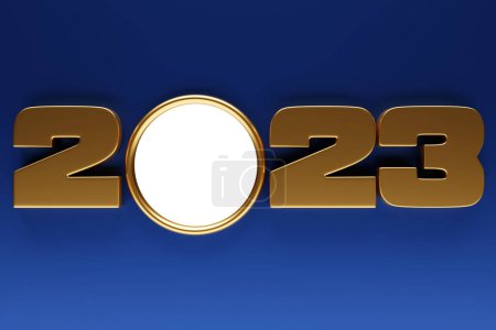 Foto de 3D illustration inscription 2023 on a blue background. Changeability of years. Illustration of the symbol of the new year. - Imagen libre de derechos