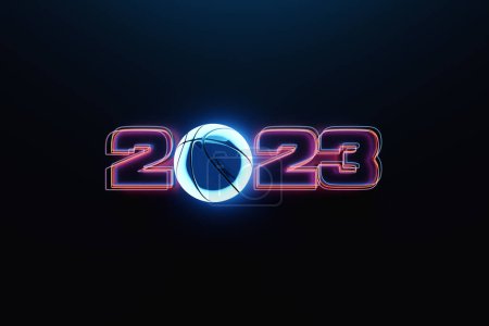 Téléchargez les photos : 3d illustration of  design happy new year 2023  and classic  blue  basketball ball. Sport happy new year  banner - en image libre de droit