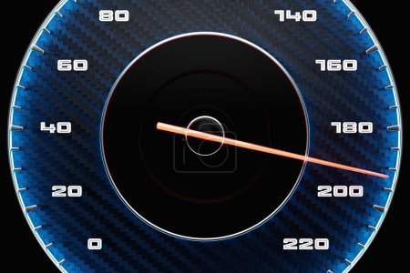 Téléchargez les photos : 3D close-up illustration of a black dashboard of a car, a digital bright speedometer with a red arrow in a sporty style. - en image libre de droit