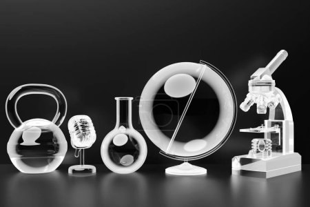 Photo for 3d illustration of a set of laboratory instruments and a microscope. Chemical laboratory research on a black background - Royalty Free Image