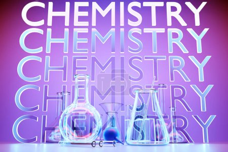 Foto de 3d illustration of a set of laboratory instruments. Chemical laboratory research set on purple background - Imagen libre de derechos