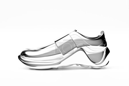 Téléchargez les photos : 3d illustration of silver sneakers with foam soles and closure  on a  white background. Sneakers side view. Fashionable sneakers. - en image libre de droit