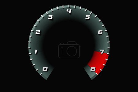 Téléchargez les photos : 3D illustration car  black tachometer  on sport car, closeup.  Sign and symbol on car dashboard. Close-up scale digit - en image libre de droit