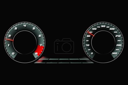 Foto de 3D illustration of the dashboard of the car is illuminated by bright illumination. Circle speedometer, tachometer - Imagen libre de derechos
