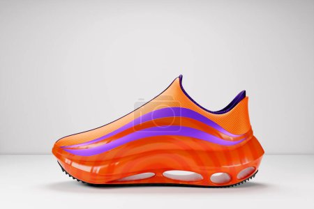 Téléchargez les photos : 3d illustration orange and purple  new sports sneakers  on a huge foam sole on white isolated background , sneakers in an ugly style. Fashionable sneakers. - en image libre de droit