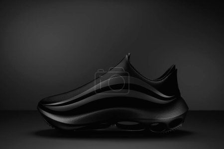Téléchargez les photos : 3d illustration black   new sports sneakers  on a huge foam sole on black  isolated background , sneakers in an ugly style. Fashionable sneakers. - en image libre de droit