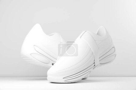 Foto de White   sneakers  on the sole. The concept of bright fashionable sneakers, 3D rendering. - Imagen libre de derechos