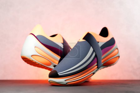 Photo for 3D illustration of a concept shoe for the metaverse. Colorful  sports boot sneaker on a high platform. - Royalty Free Image