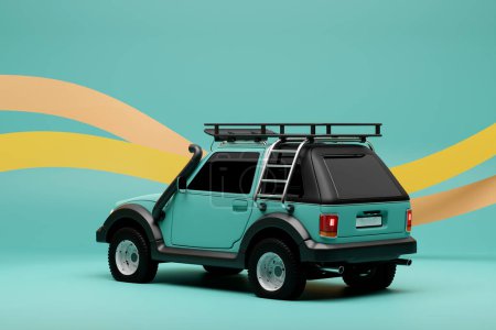 Foto de Blue  modern SUV prepared for safari on monochrome  background - back view - 3D illustration - Imagen libre de derechos