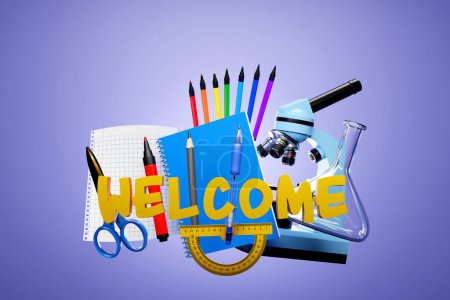 Photo for The inscription welcome on the background of stationery and microscopes on a purple  background. Invitation to back to school - Royalty Free Image
