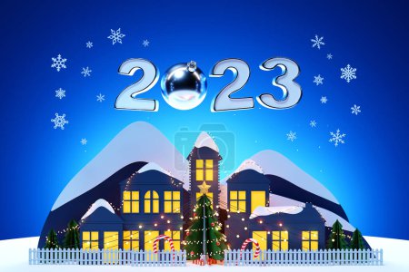 Téléchargez les photos : 3D illustration Christmas illustration, card with night small village, city tree decorated with lights on the background of the mountain, new year card with numbers 2023, calendar - en image libre de droit