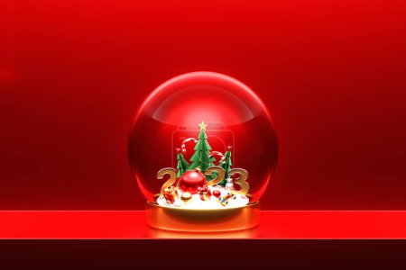 Foto de Ilustración 3D de una bola de nieve de vidrio con un árbol de Navidad, regalos, muñecos de nieve bajo linternas mágicas por la noche. Saludos navideños. Navidad bola de nieve - Imagen libre de derechos