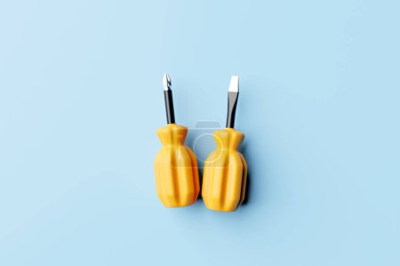 Téléchargez les photos : 3D illustration of a yellow  screwdrivers in cartoon style on a monochrome  isolated background. Hand carpentry tool for DIY shop. - en image libre de droit