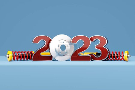 Foto de 3d illustration of happy new year 2023 greeting card: new year banner with brake pads and  car shock absorber. The concept of the new year and Christmas in the automotive field. - Imagen libre de derechos