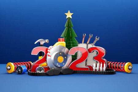 Foto de 3d illustration of inscription 2023  and auto parts car   on blue isolated background. Car Repair Parts The concept of the new year and Christmas in the automotive field. - Imagen libre de derechos