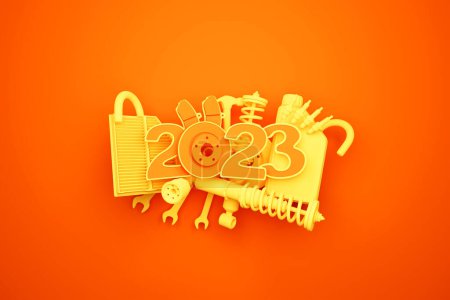 Foto de 3d illustration design happy new year 2023 with auto parts for auto mechanic service concept isolated on orange  background. - Imagen libre de derechos