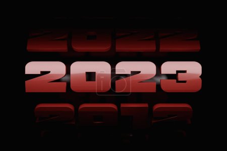 Foto de 3d illustration Happy new year 2023 background template. Holiday volumetric 3D illustration of the  red number 2023. Festive poster or banner design. Modern happy new year background - Imagen libre de derechos