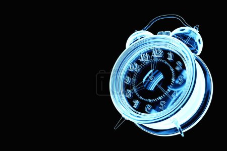 Téléchargez les photos : Close-up transparent blue neon clock, retro alarm clock on black background, 3D illustration - en image libre de droit