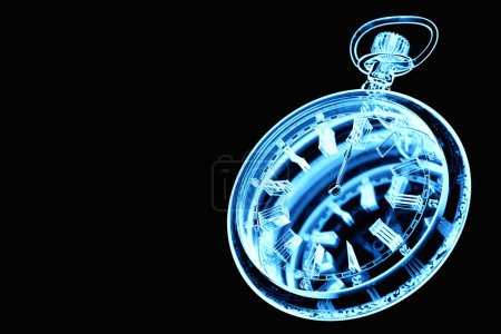 Téléchargez les photos : Close-up of a transparent blue neon retro clock on a black background, 3D illustration - en image libre de droit