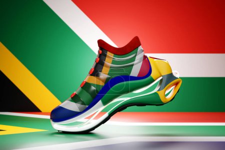 Foto de Colorful yellow sneaker with the national  flag of the Republic of South Africa on the sole. The concept of bright trendy sneakers, 3D rendering. - Imagen libre de derechos
