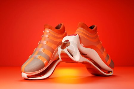 Photo for Red sneakers  on the sole. The concept of bright fashionable sneakers, 3D rendering. - Royalty Free Image