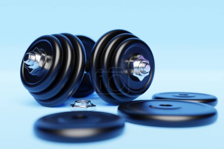 Photo for Black  iron dumbbells with disassembled plates on  blue isolated background. 3D rendering - Royalty Free Image