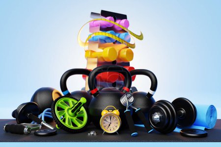Foto de 3d illustration of sports equipment for the gym or for home workouts. Fitness and healthy lifestyle. Multi-colored dumbbells on a shelf, weights, an alarm clock, sports elastic bands, a gymnastic roller and other equipment - Imagen libre de derechos
