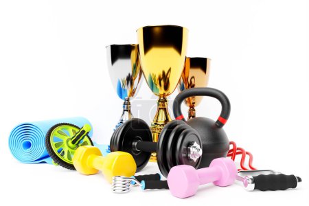 Photo for 3D illustration  sports equipment, winners cup. 3D visualization of the award for sports achievements - Royalty Free Image