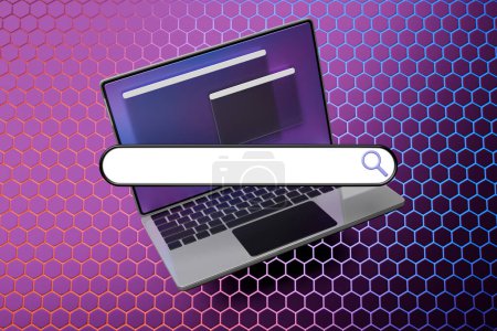 Photo for 3D colorful illustration of a modern laptop with an information search bar on a  honeycomb background. The concept of communication via the Internet, social networks, chat, video, news, messages, website - Royalty Free Image