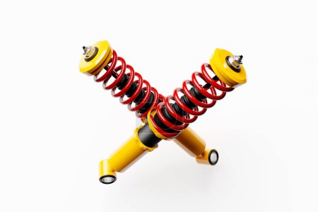 Photo for Two colorful shock absorber car on white background. 3d illustration. Suspension Parts - Royalty Free Image