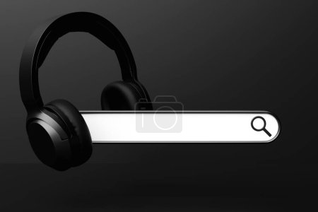 Photo for 3D illustration, search bar design element with  black  headphones on a black background. Search bar for website and user interface, mobile apps. - Royalty Free Image