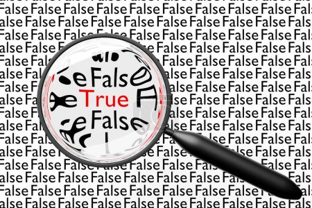 Téléchargez les photos : 3D illustration of a magnifying glass with opposite words true and false on the background. Truth search concept - en image libre de droit