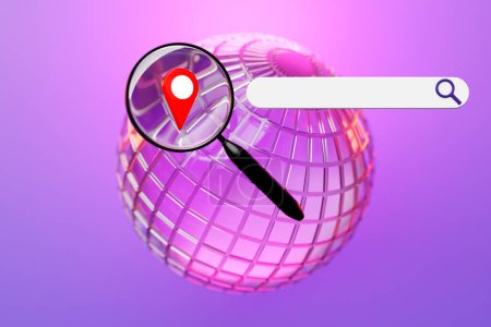 Téléchargez les photos : 3D illustration of an internet search page with a magnifying glass and a planet with a navigation dot on a  pink isolated background - en image libre de droit