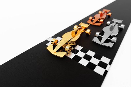 Téléchargez les photos : 3D illustration of car racing with gold, silver, bronze children's cars. Fight at the finish line of three racing kids convertible cars at high speed - en image libre de droit