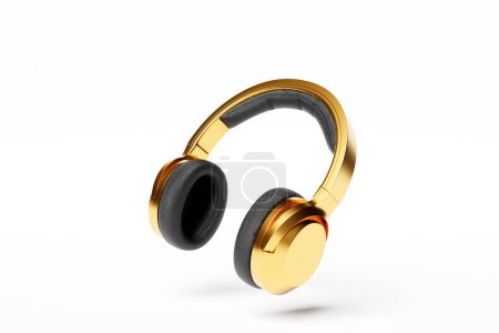Foto de Golden  classic headphones isolated 3d rendering.  Headphone icon illustration. Audio technology. - Imagen libre de derechos