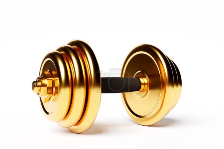 Téléchargez les photos : 3D illustration  metal  golden  dumbbell with disks on white background. Fitness and sports equipment - en image libre de droit