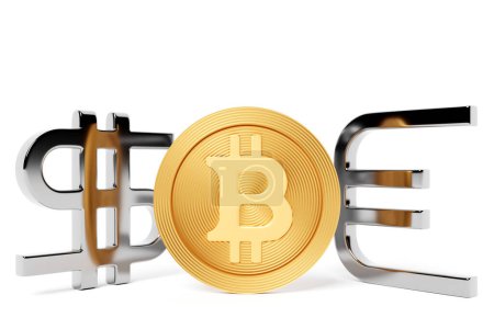 Téléchargez les photos : 3d illustration of  gold euro, bitcoin  and silver dollar money icons on  white isolated background. Currency exchange symbol, rising prices. Convert dollar to euro and back. - en image libre de droit