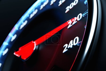 Photo for 3D illustration close up black car panel, digital bright speedometer in sport style. The speedometer needle shows a maximum speed of 220 km / h - Royalty Free Image