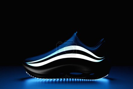Téléchargez les photos : 3d illustration of black-white sneakers with foam soles and closure under neon color on a black  background. Sneakers side view. Fashionable sneakers. - en image libre de droit