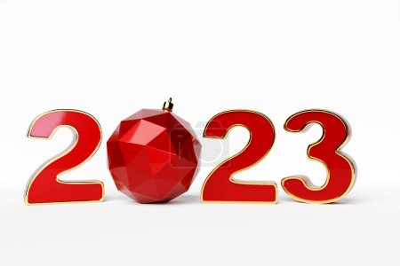 Foto de 3d illustration Happy new year 2023 background template. Holiday volumetric 3D illustration of the red number 2023. Festive poster or banner design. Modern happy new year background - Imagen libre de derechos