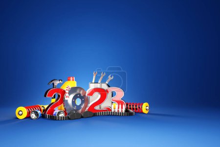 Téléchargez les photos : 3d illustration design happy new year 2023 with auto parts for auto mechanic service concept isolated on blue background. - en image libre de droit