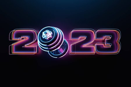 Photo for 3d illustration of  design happy new year 2023  and sports equipment, dumbell. Sport happy new year  banner - Royalty Free Image