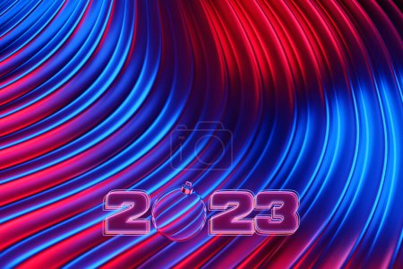 Photo for 3d illustration Happy new year 2023 background template. Holiday volumetric 3D illustration of the purple number 2023. Festive poster or banner design. Modern happy new year background - Royalty Free Image