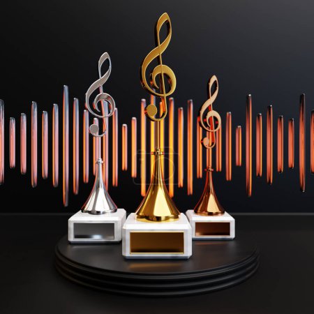 Foto de Golden music award with a treble clef on a black background, 3d illustration - Imagen libre de derechos