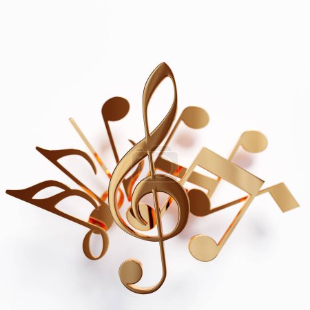 Photo for Realistic golden metal treble cle and   musical notes on a white background. 3d golden musical symbol - decoration elements for design. - Royalty Free Image